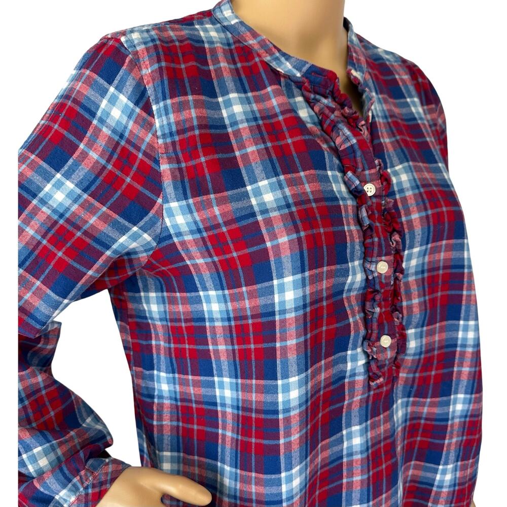 J. Crew Mercantile Ruffle Flannel Shirt Blue Red Plaid J6456 Size M - Picture 8 of 11